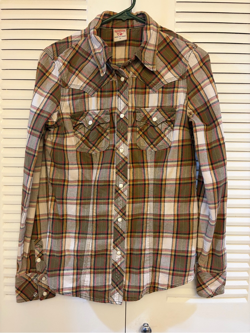 True Religion Olive, White and Red Plaid Button-Down Shirt